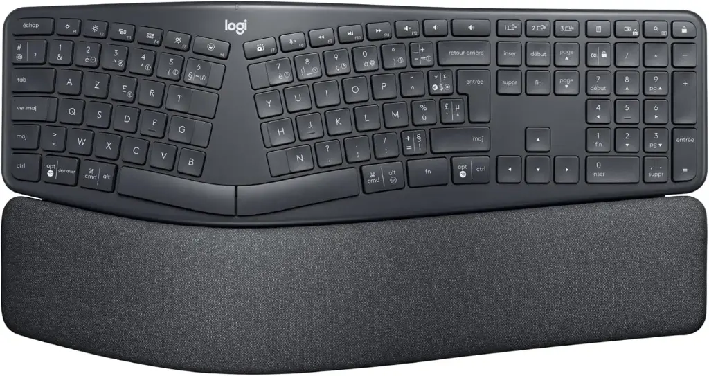 Logitech ERGO K860 Clavier Ergonomique Sans Fil - En Deux Parties, Repose Poignet, Frappe Naturelle, Bluetooth et Connectivité USB, Compatible avec PC & Mac, Clavier Français AZERTY - Gris
