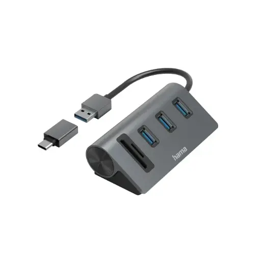 Hama Hub/lecteur de cartes OTG, 5 ports, 3x USB-A, SD, microSD, avec adaptateur USB-C